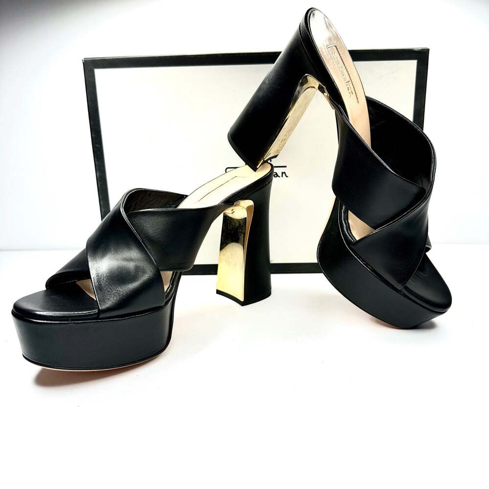 Sebastian Italy Black Nappa Leather Strappy Sandals Gold Block Heel 38.5